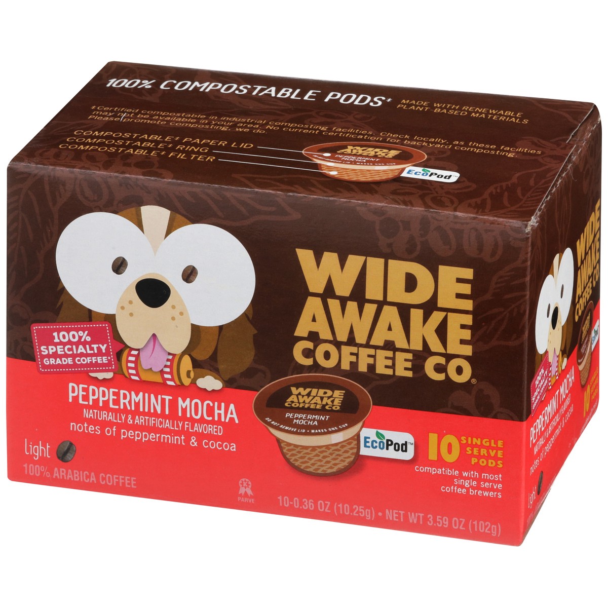 slide 7 of 11, Wide Awake Light Roast Peppermint Mocha 100% Arabica Coffee Single Serve Pods, 3.59 oz