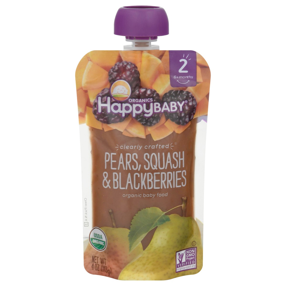 slide 1 of 1, Happy Baby Organics Clearly Crafted Stage 2 Pears, Squash & Blackberries Pouch 4oz UNIT, 4 oz