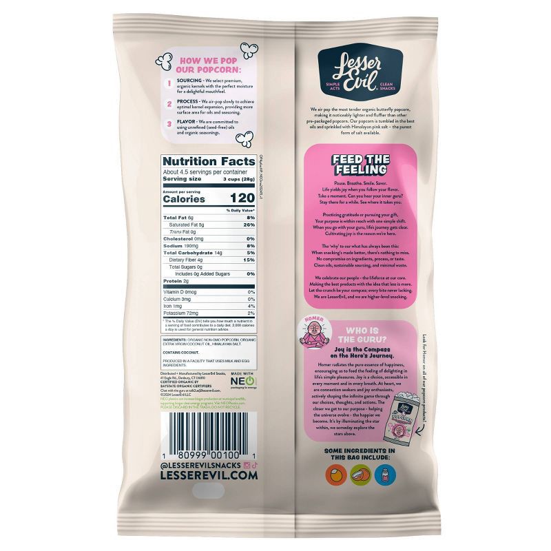 slide 2 of 6, LesserEvil Organic Popcorn Himalayan Sea Salt - 4.6-oz, 1 ct