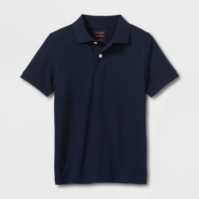 slide 1 of 3, Boys' Short Sleeve Pique Uniform Polo Shirt - Cat & Jack™ Dark Blue M: School Apparel, Collared Pullover, 1 ct