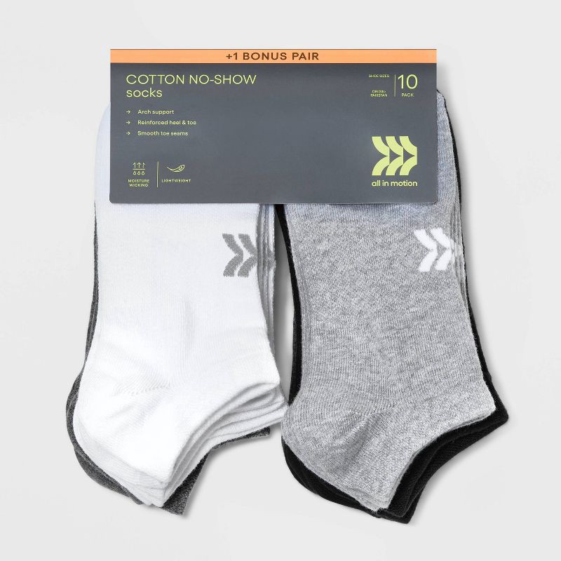 slide 3 of 3, Women's Lightweight 10+1 Bonus Pack No Show Athletic Socks - All In Motion™ White/Black/Gray 4-10, 1 ct