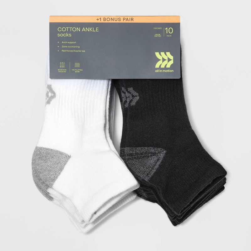 slide 3 of 3, Women's Cushioned 10+1 Bonus Pack Ankle Athletic Socks - All In Motion™ White/Black 4-10, 1 ct