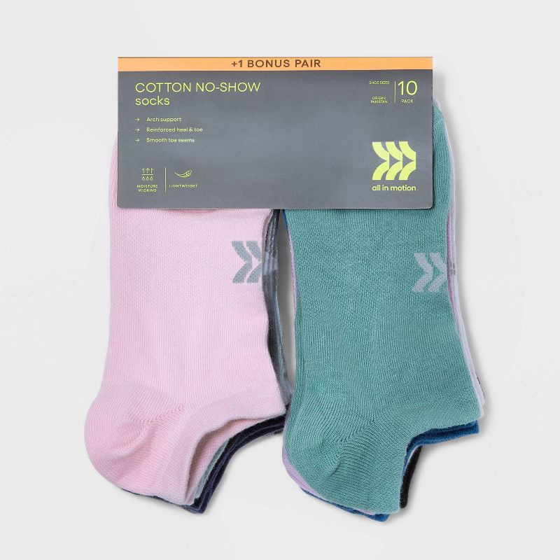 slide 3 of 3, Women's Lightweight 10+1 Bonus Pack No Show Athletic Socks - All In Motion™ Assorted Colors 4-10, 1 ct