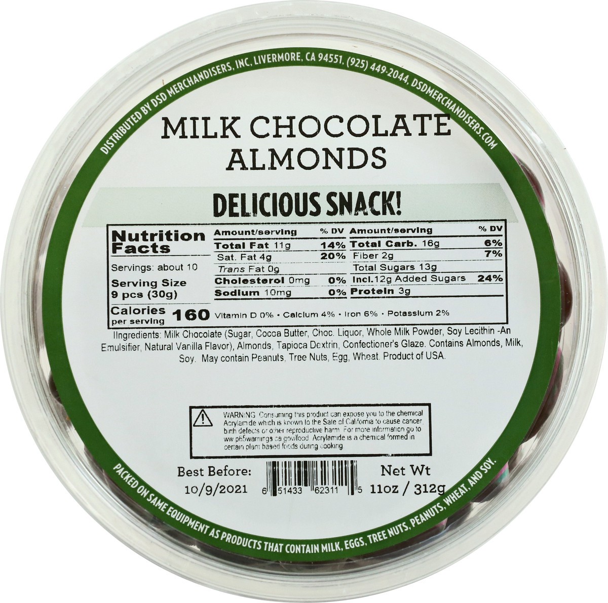 slide 3 of 9, DSD Merchandisers Milk Chocolate Almonds, 11.0 oz