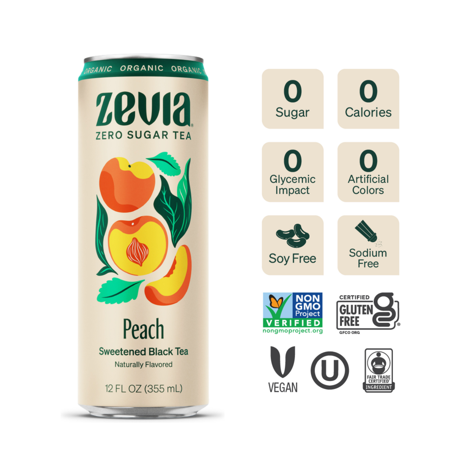 slide 2 of 3, Zevia Organic Zero Calorie Sweetened Peach Black Tea - 12 fl oz, 12 fl oz