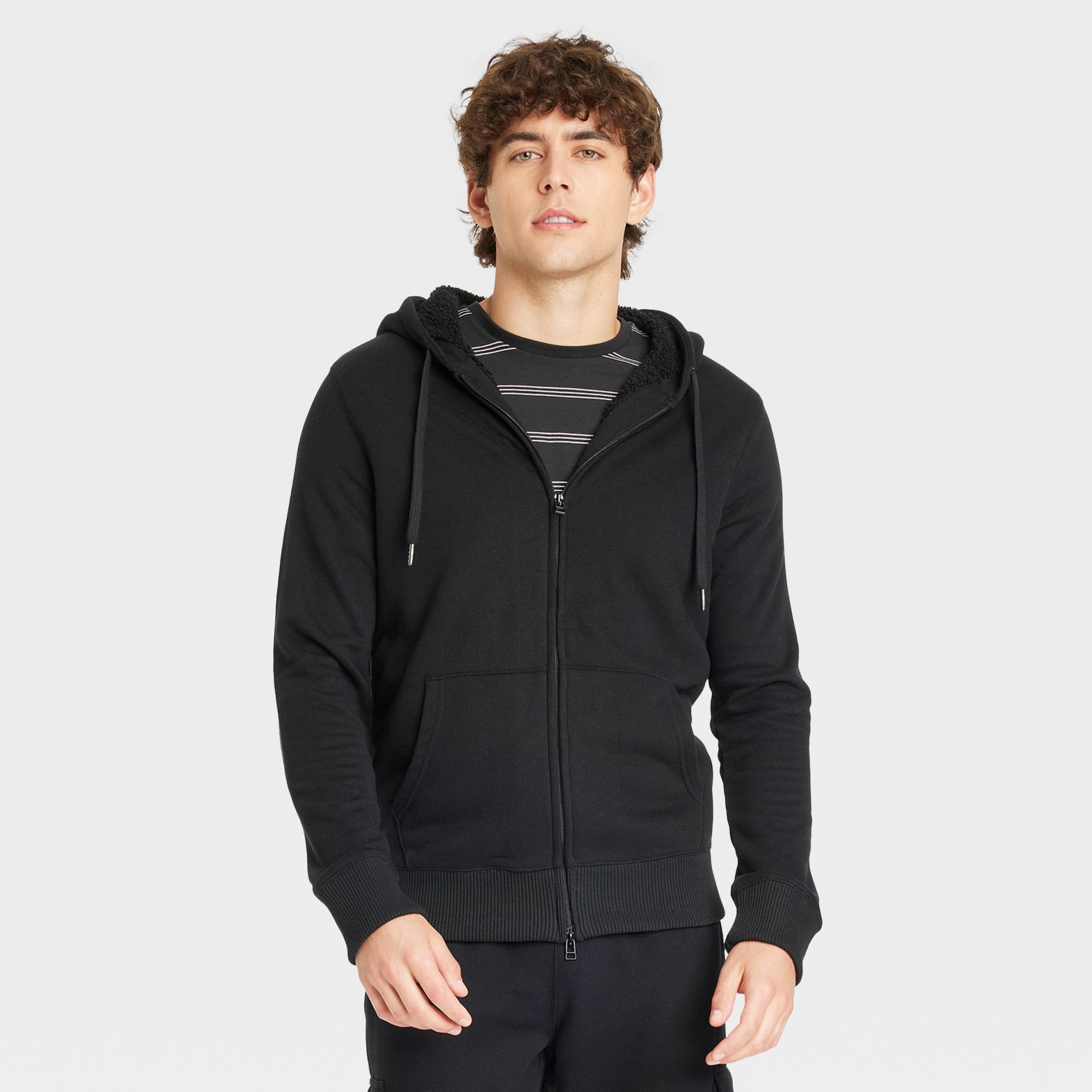 slide 1 of 3, Men's Sherpa Lined Zip-Up Hoodie - Goodfellow & Co Black L, 1 ct