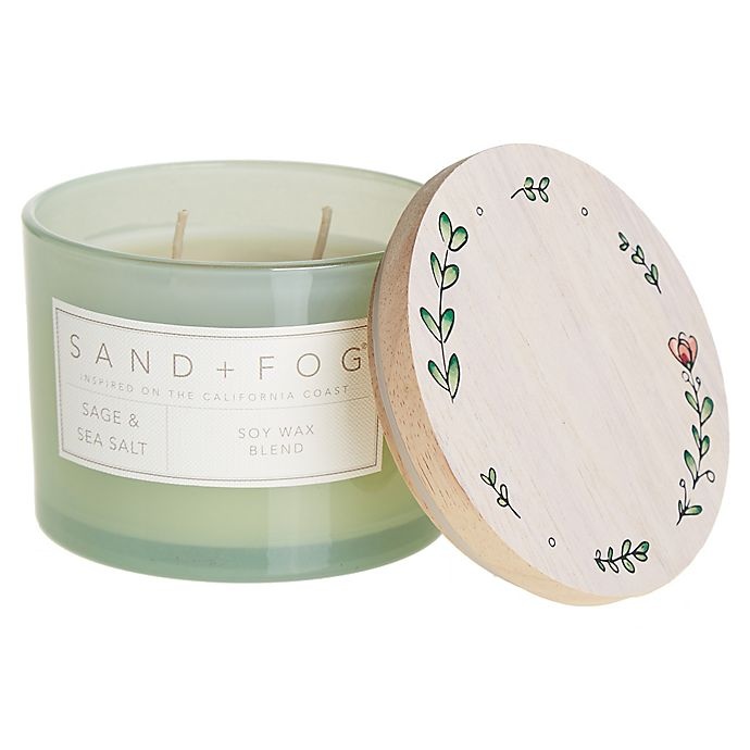 slide 1 of 1, Sand + Fog Sage Sea Salt Jar Candle with Painted Wreath Wood Lid, 12 oz