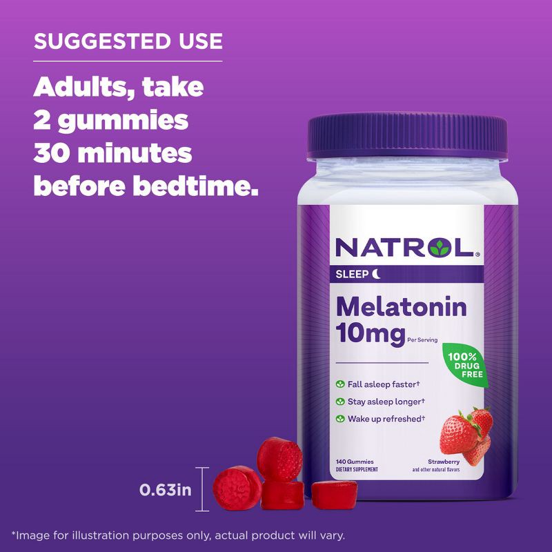 slide 7 of 10, Natrol Melatonin 10mg Sleep Aid Gummies - Strawberry - 140ct, 10mg, 140 ct