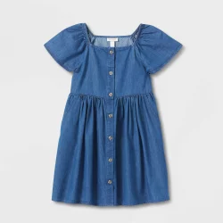 Girls' Short Sleeve Woven Dress - Cat & Jack Medium Wash Denim S