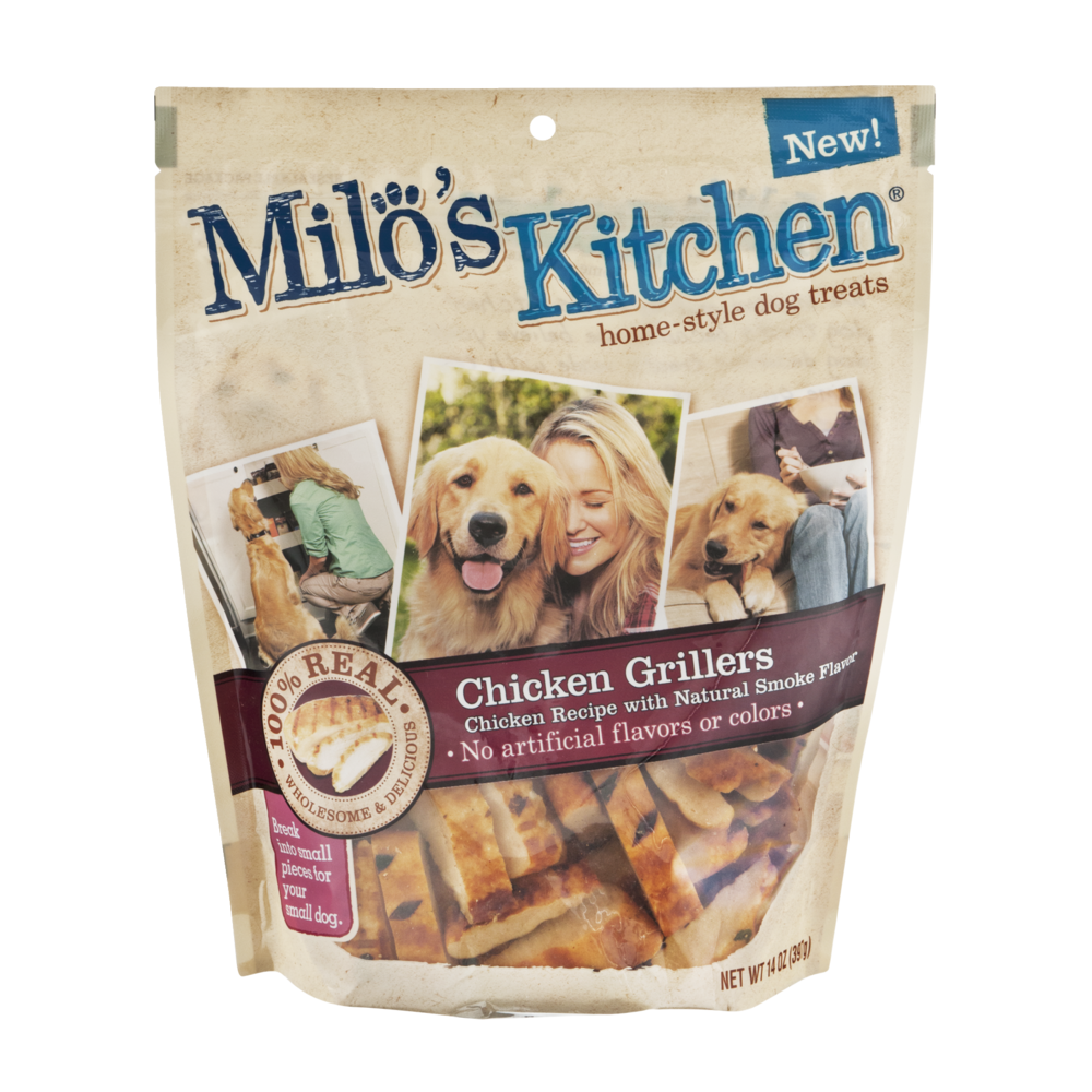 slide 1 of 1, Milo's Kitchen Chicken Grillers Home-Style Dog Treats, 14 oz; 397 gram