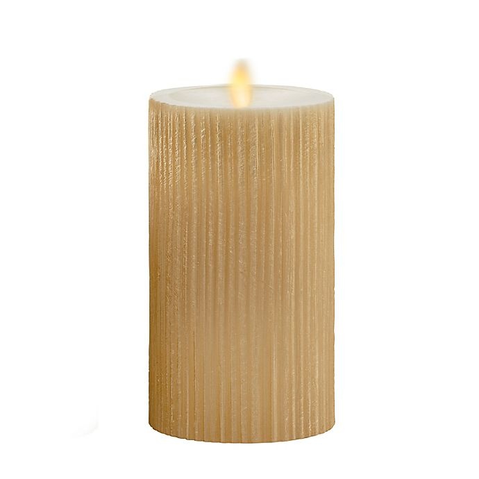 slide 1 of 1, Luminara Moving Flame Gold Ribbed Real-Flame Effect Pillar Candle, 6.5 in