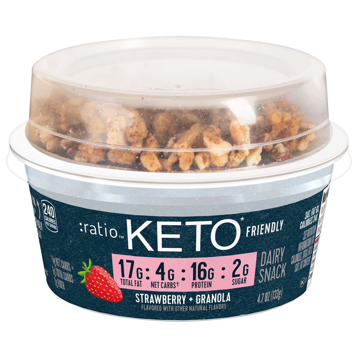 slide 1 of 9, :ratio Yogurt Cultured Dairy Snack, Strawberry With Granola, 2g Sugar, Keto Friendly, 4.7 oz, 4.7 oz