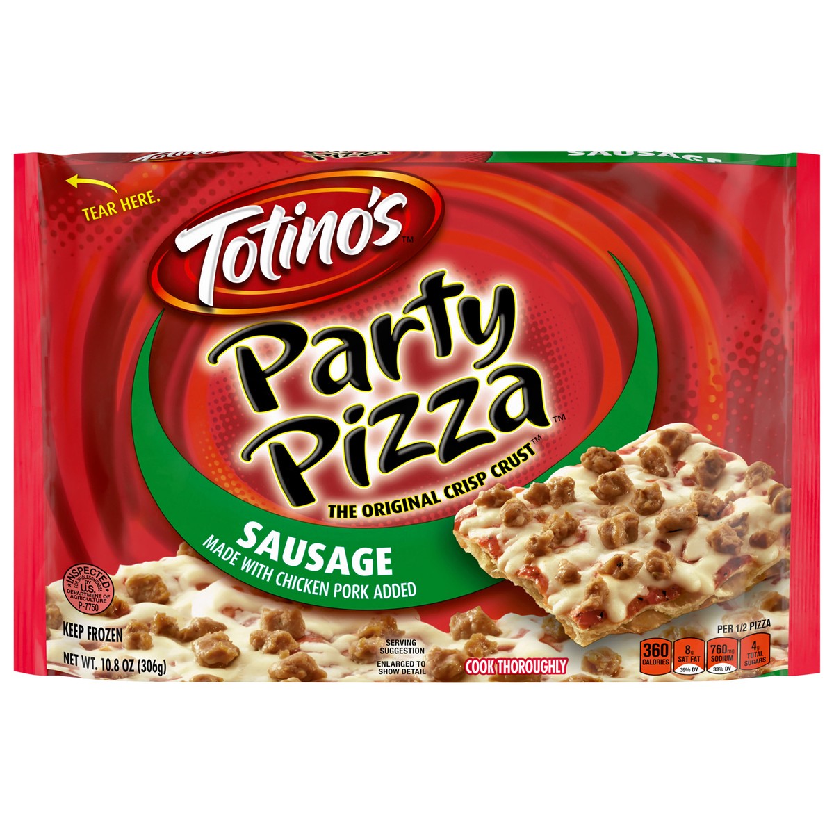 slide 1 of 9, Totino's Party Pizza, Sausage, Frozen Snacks, 2 Servings, 1 ct, 10.8 oz