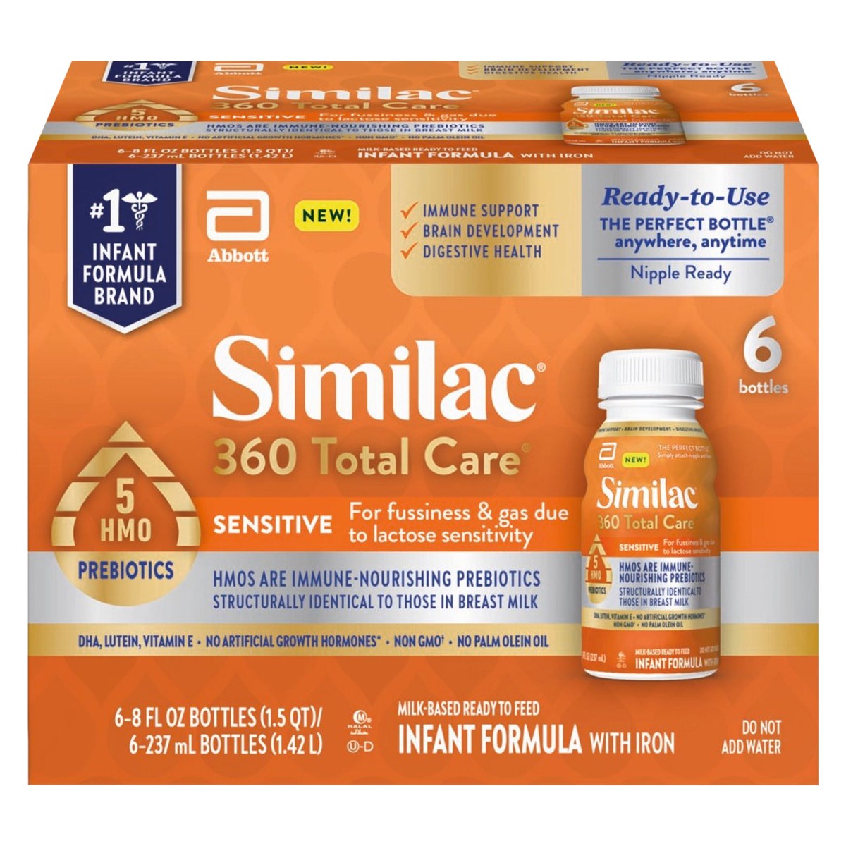 slide 1 of 8, Similac 360 Total Care Sensitive Ready to Feed Milk-Based Infant Formula with Iron 6 - 8 fl oz Bottles, 6 ct