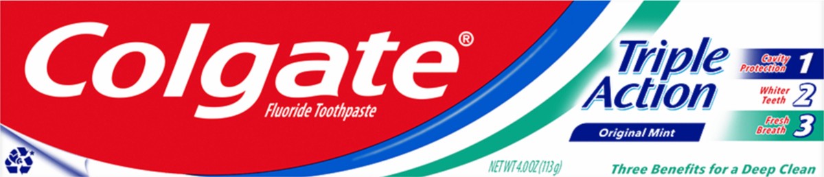 slide 3 of 7, Colgate Triple Action Toothpaste, Mint - 4.0 Ounce, 4 oz