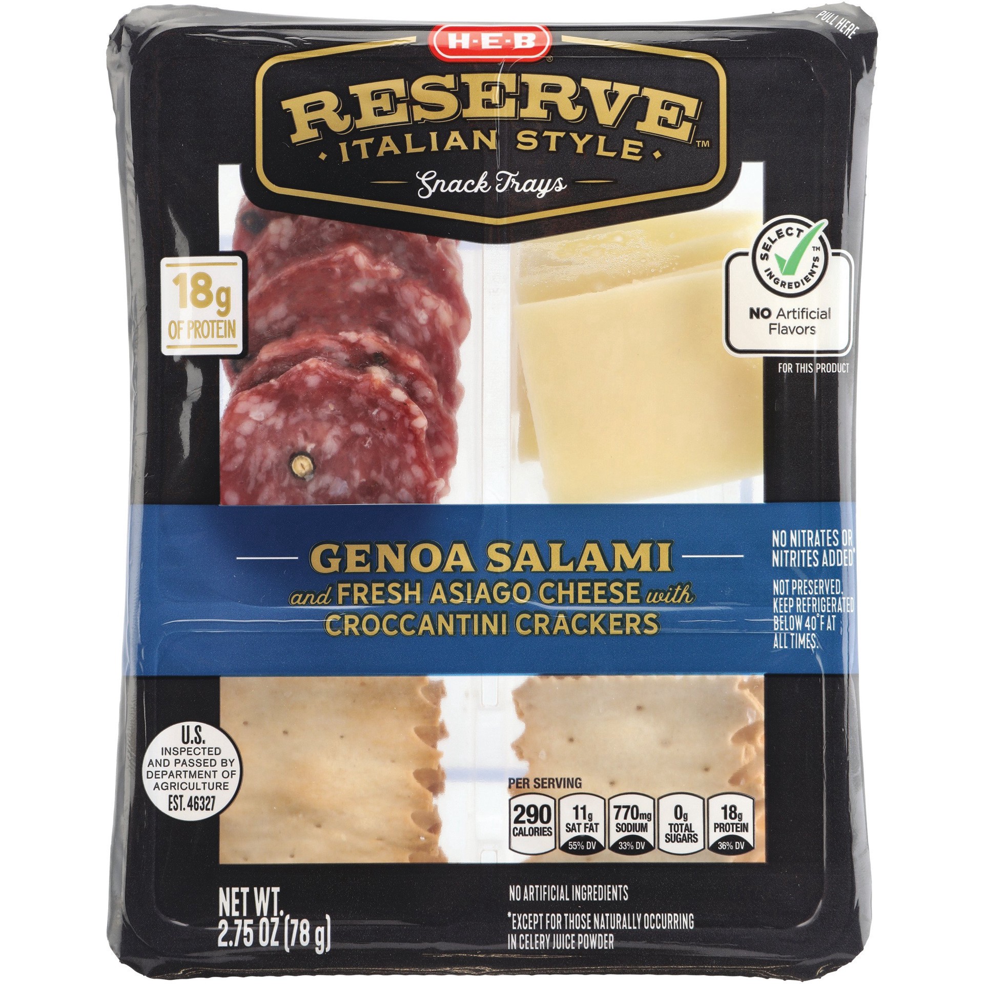 slide 1 of 1, H-E-B Reserve Italian Style Snack Tray - Genoa Salami & Asiago Cheese, 2.75 oz