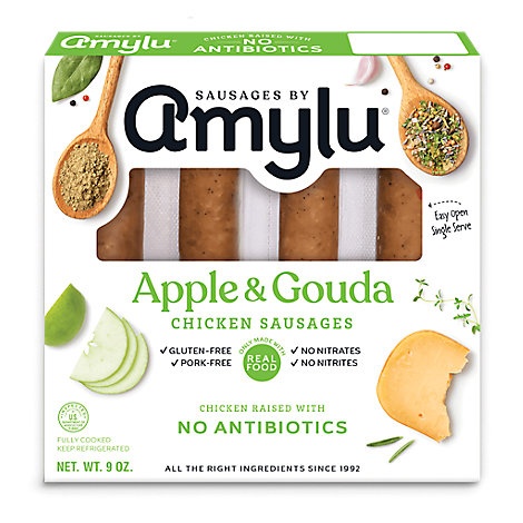 slide 1 of 1, Amylu Apple Gouda Chicken Sausage, 9 oz