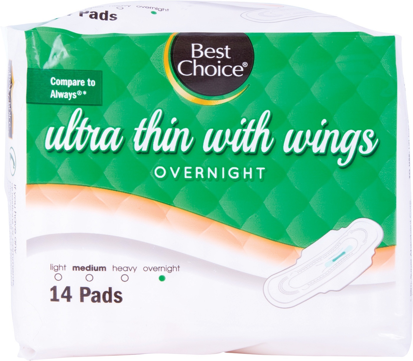 slide 1 of 1, Best Choice Overnight Ultra Thin With Wings Feminine Pads, 14 ct