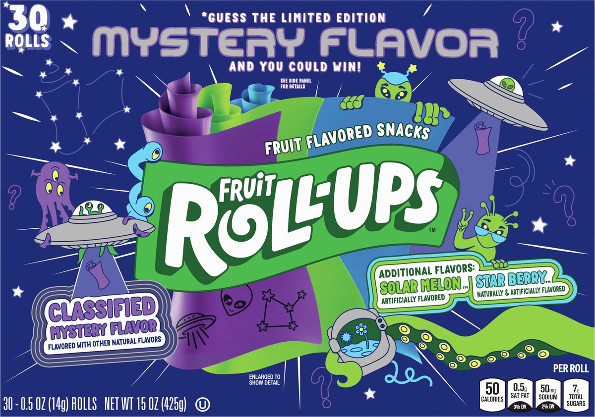 slide 2 of 13, Fruit Roll-Ups Fruit Flavored Snacks, Mystery Flavor, Solar Melon, and Star Berry, 30 ct, 30 ct