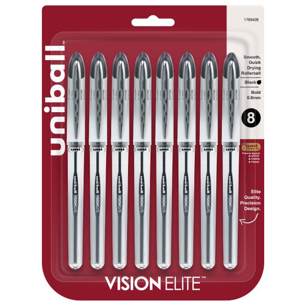 slide 1 of 8, uni-ball Vision Elite Liquid Ink Rollerball Pens, Bold Point, Silver Barrel, Black Ink, Pack Of 8, 8 ct