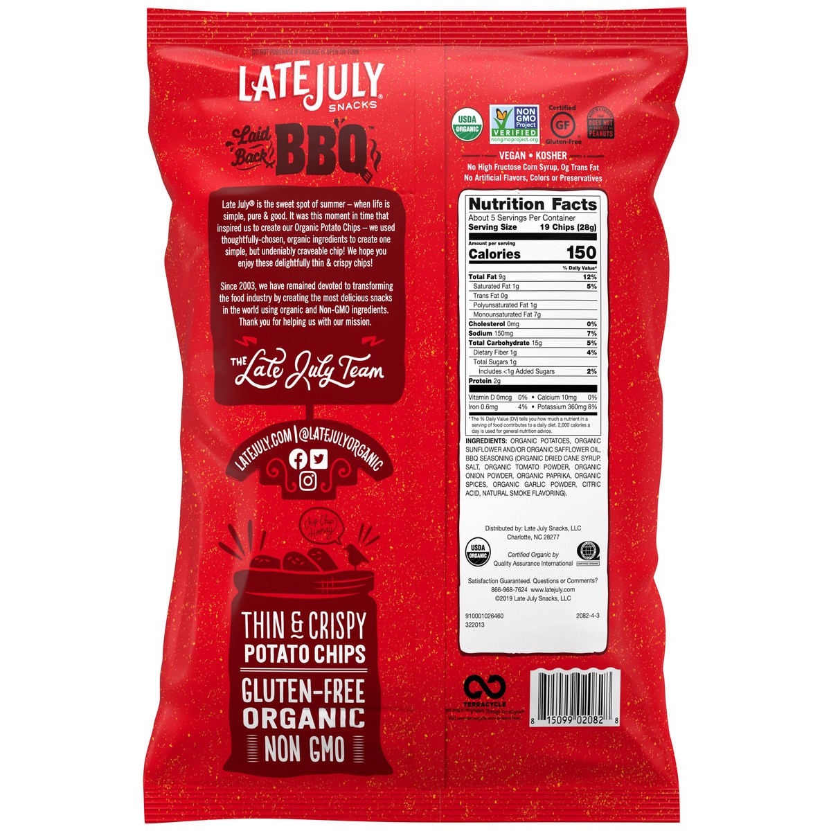 slide 9 of 9, Late July Snacks Barbeque Organic Potato Chips, 5 oz