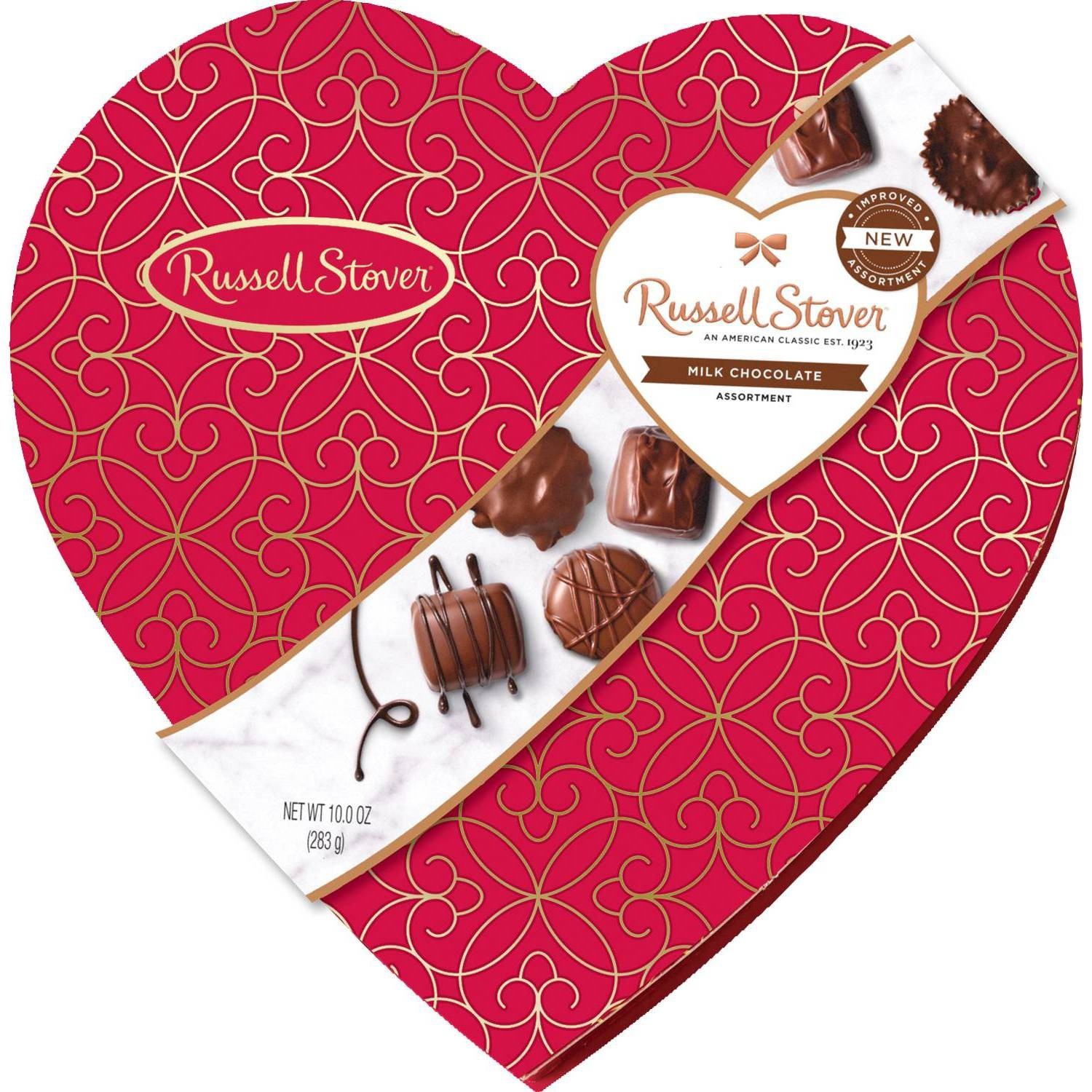 slide 1 of 1, Russell Stover Assorted Milk Chocolates Heart Shape Valentine Gift Box, 10 oz
