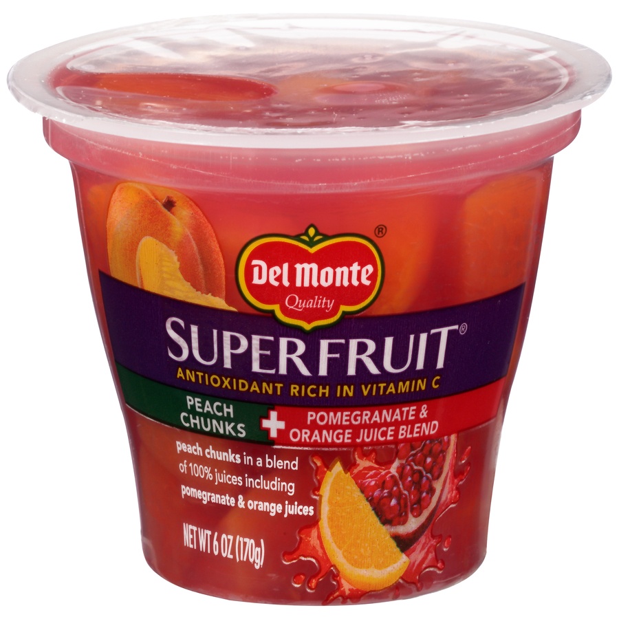 slide 1 of 6, Del Monte Superfruit Peach Chunks + Pomegranate & Orange Juice Blend, 6 oz