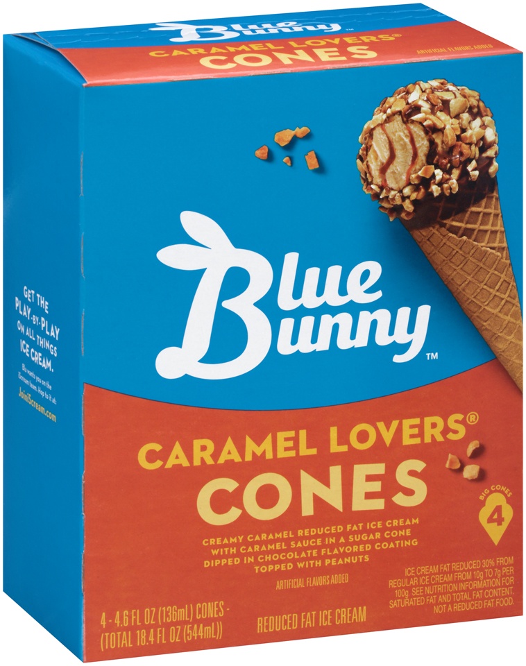 slide 1 of 4, Blue Bunny Ice Cream Cones, Reduced Fat, Caramel Lovers, Big Cones, 4 ct