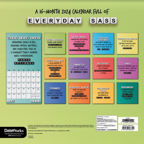 slide 2 of 7, 2024 Dateworks Monthly Wall Calendar, 12"" X 12"", Everyday Sass, January To December 2024, 1 ct