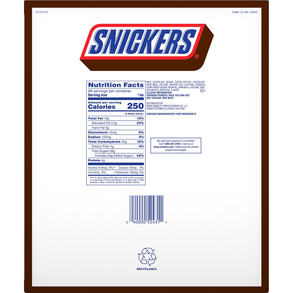 slide 3 of 9, Snickers Full Size Bulk Chocolate Candy Bars, 1.86 oz Bar, 48 ct Box, 89.28 oz