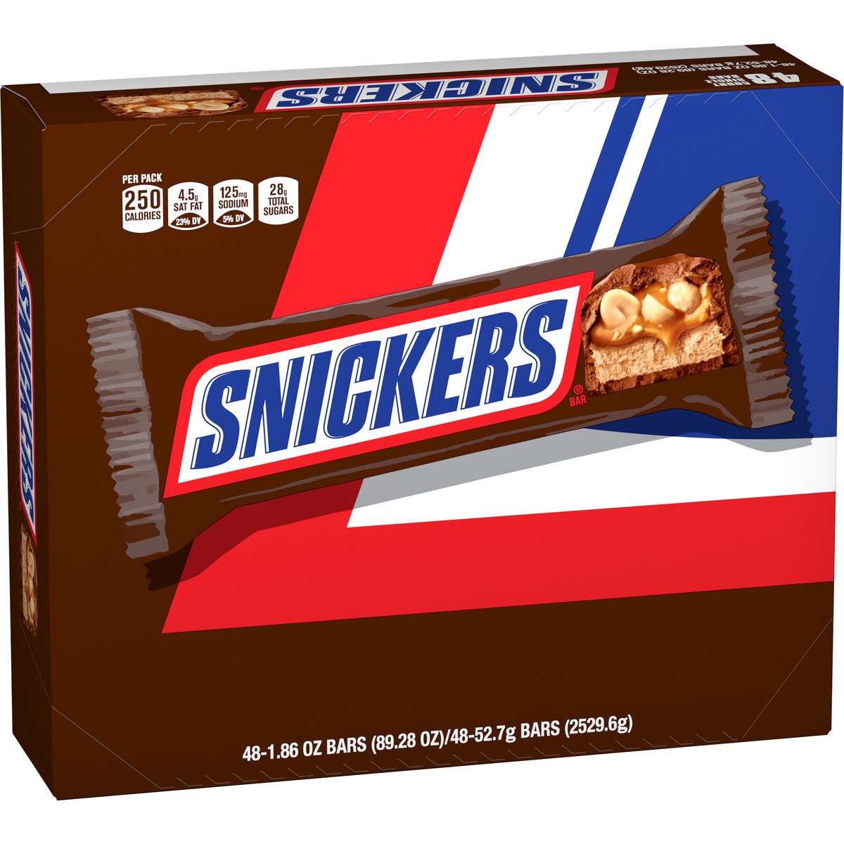 slide 2 of 9, Snickers Full Size Bulk Chocolate Candy Bars, 1.86 oz Bar, 48 ct Box, 89.28 oz