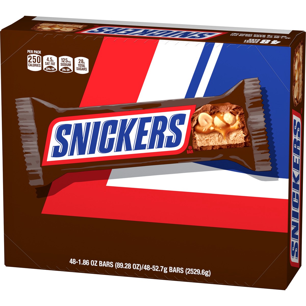 slide 7 of 9, Snickers Full Size Bulk Chocolate Candy Bars, 1.86 oz Bar, 48 ct Box, 89.28 oz