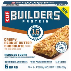 Clif Builders Protein Bars - Crispy Peanut Butter Chocolate Flavored - Reduced Sugar - Gluten Free - 16g Protein - No Artificial Sweeteners - 1.97 oz (6 Pack)