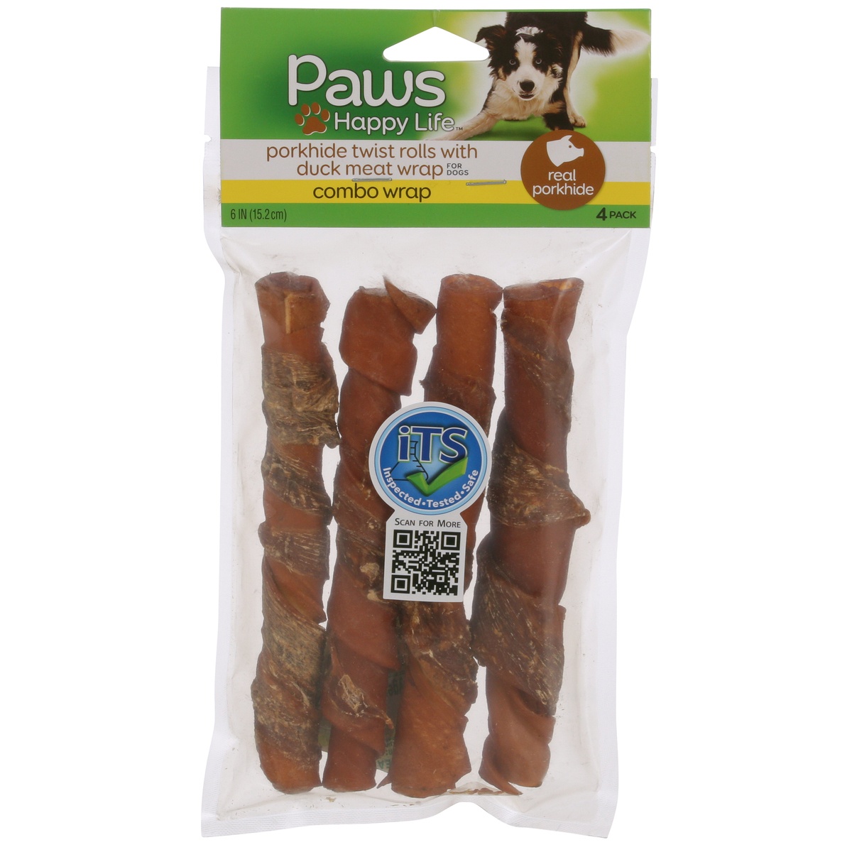 slide 1 of 1, Paws Happy Life Porkhide Twist Rolls, for Dogs, with Duck Meat Wrap, 6 Inch, 4 Pack, 4 ct