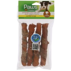 Paws Happy Life Porkhide Twist Rolls, for Dogs, with Duck Meat Wrap, 6 Inch, 4 Pack