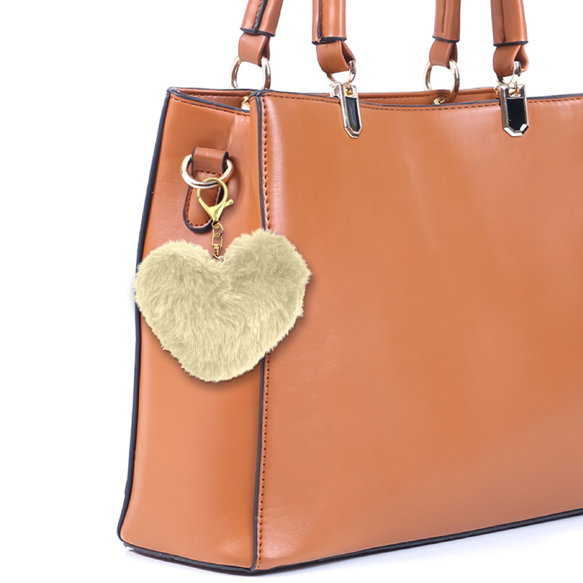 slide 3 of 3, Blue Moon Studio Cream Fuzzy Heart Bag Charm, 3.6 in x 3.2 in