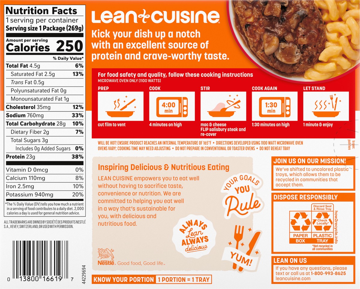 slide 4 of 9, Lean Cuisine Frozen Meal Salisbury Steak with Macaroni and Cheese, Protein Kick Microwave Meal, Microwave Steak Dinner, Frozen Dinner for One, 9.5 oz