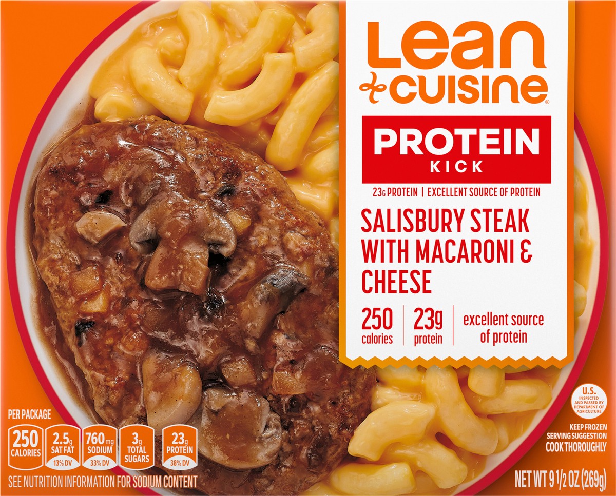 slide 9 of 9, Lean Cuisine Frozen Meal Salisbury Steak with Macaroni and Cheese, Protein Kick Microwave Meal, Microwave Steak Dinner, Frozen Dinner for One, 9.5 oz