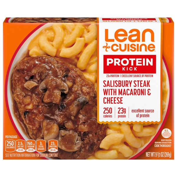 slide 1 of 9, Lean Cuisine Frozen Meal Salisbury Steak with Macaroni and Cheese, Protein Kick Microwave Meal, Microwave Steak Dinner, Frozen Dinner for One, 9.5 oz