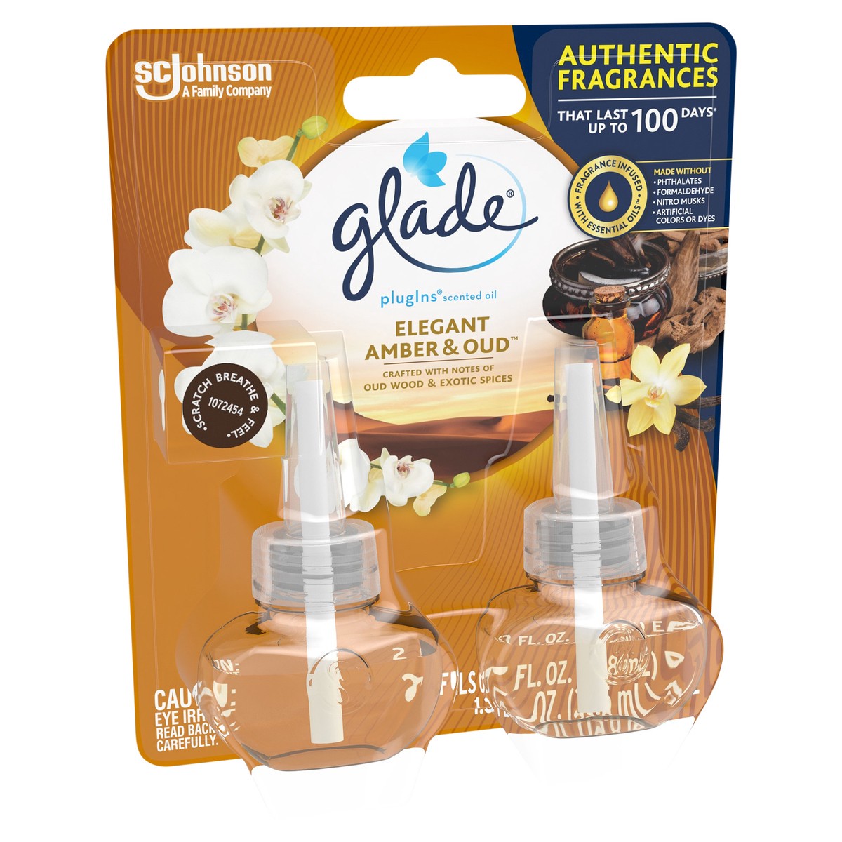 slide 2 of 5, Glade Plugins 2 Pack Elegant Amber & Oud Scented Oil Refills 2 ea, 2 ct