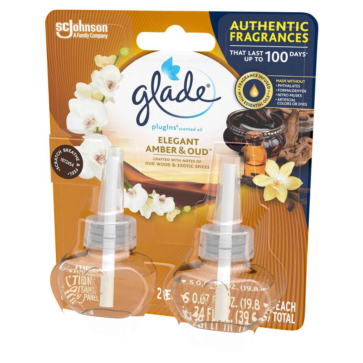 slide 3 of 5, Glade Plugins 2 Pack Elegant Amber & Oud Scented Oil Refills 2 ea, 2 ct