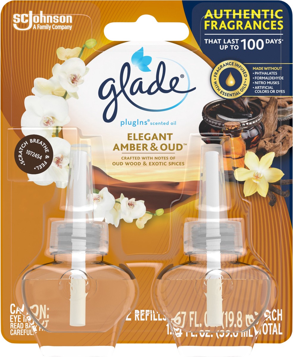 slide 5 of 5, Glade Plugins 2 Pack Elegant Amber & Oud Scented Oil Refills 2 ea, 2 ct