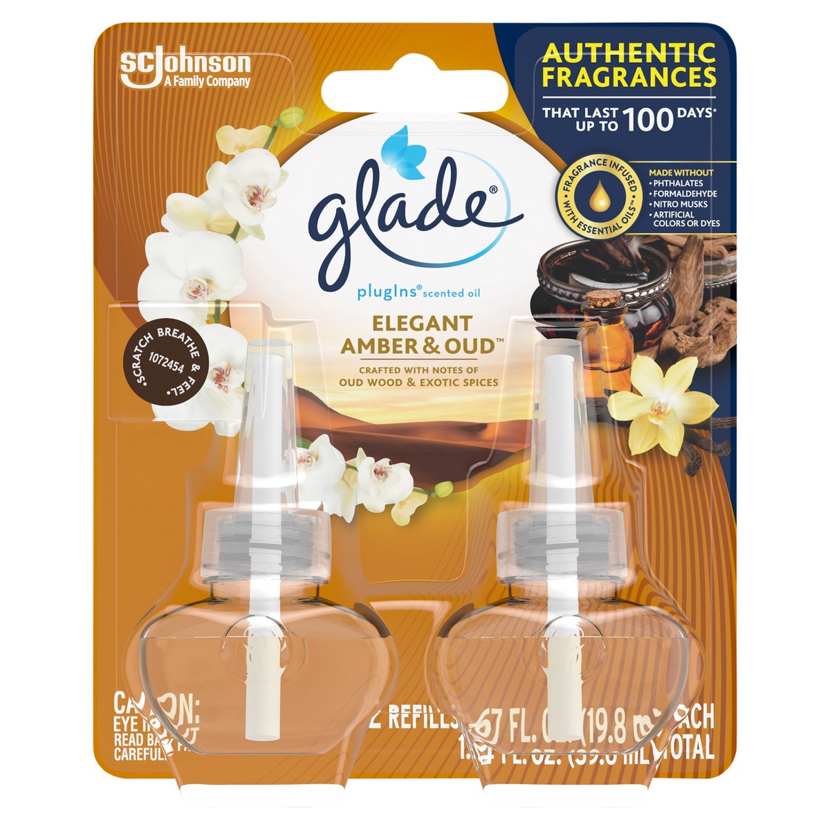 slide 1 of 5, Glade Plugins 2 Pack Elegant Amber & Oud Scented Oil Refills 2 ea, 2 ct