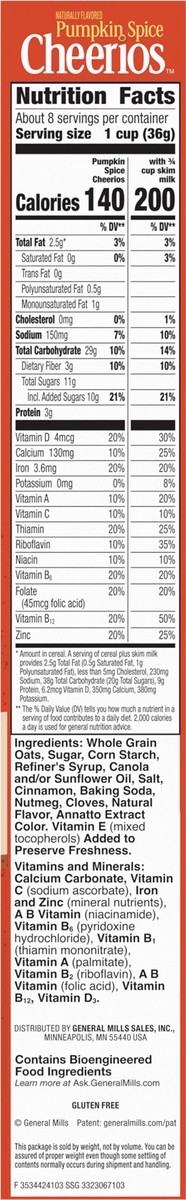 slide 3 of 13, Cheerios Pumpkin Spice Cheerios, Gluten Free Breakfast Cereal, 10.8 OZ, 10.8 oz