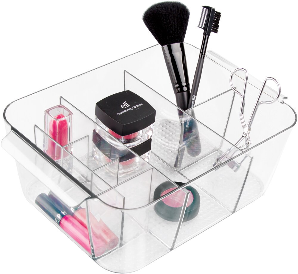 slide 1 of 2, InterDesign iDesign Clarity Plastic Divided Cosmetic Bin Tote Vanity Organizer, 7.1 in x 10.4 in x 3.6 in