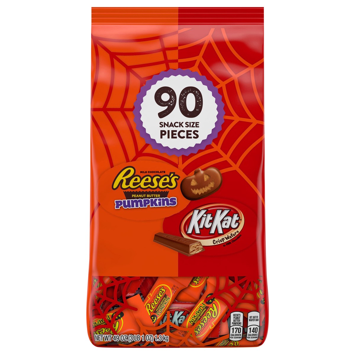 slide 1 of 6, Hershey's REESE'S and KIT KAT Milk Chocolate Assortment Snack Size Candy, Halloween, 49 oz, Bulk Bag (90 Pieces), 90 ct