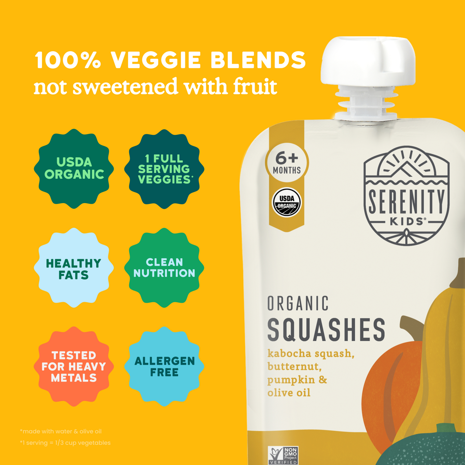 slide 6 of 8, Serenity Kids Organic Squashes with Organic Olive Oil Baby Food Pouch - 3.5oz, 3.5 oz