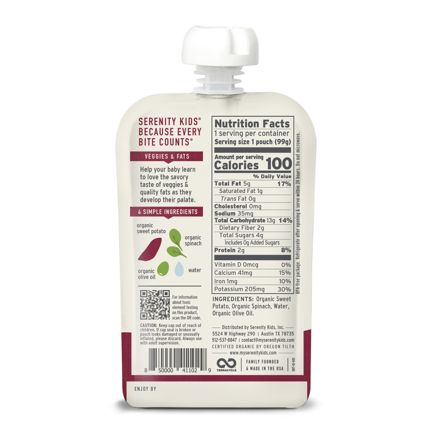 slide 2 of 8, Serenity Kids Organic Sweet Potato & Spinach with Organic Olive Oil Pouch, 3.5oz, 3.5 oz