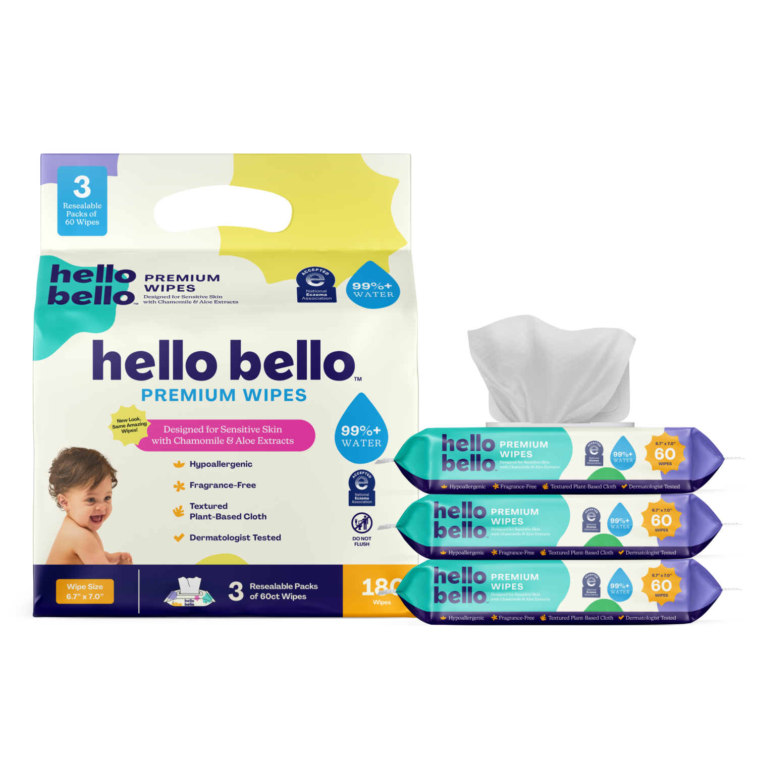 slide 6 of 8, Hello Bello Premium Wipes 3 - 60 Wipe Packs, 3 ct