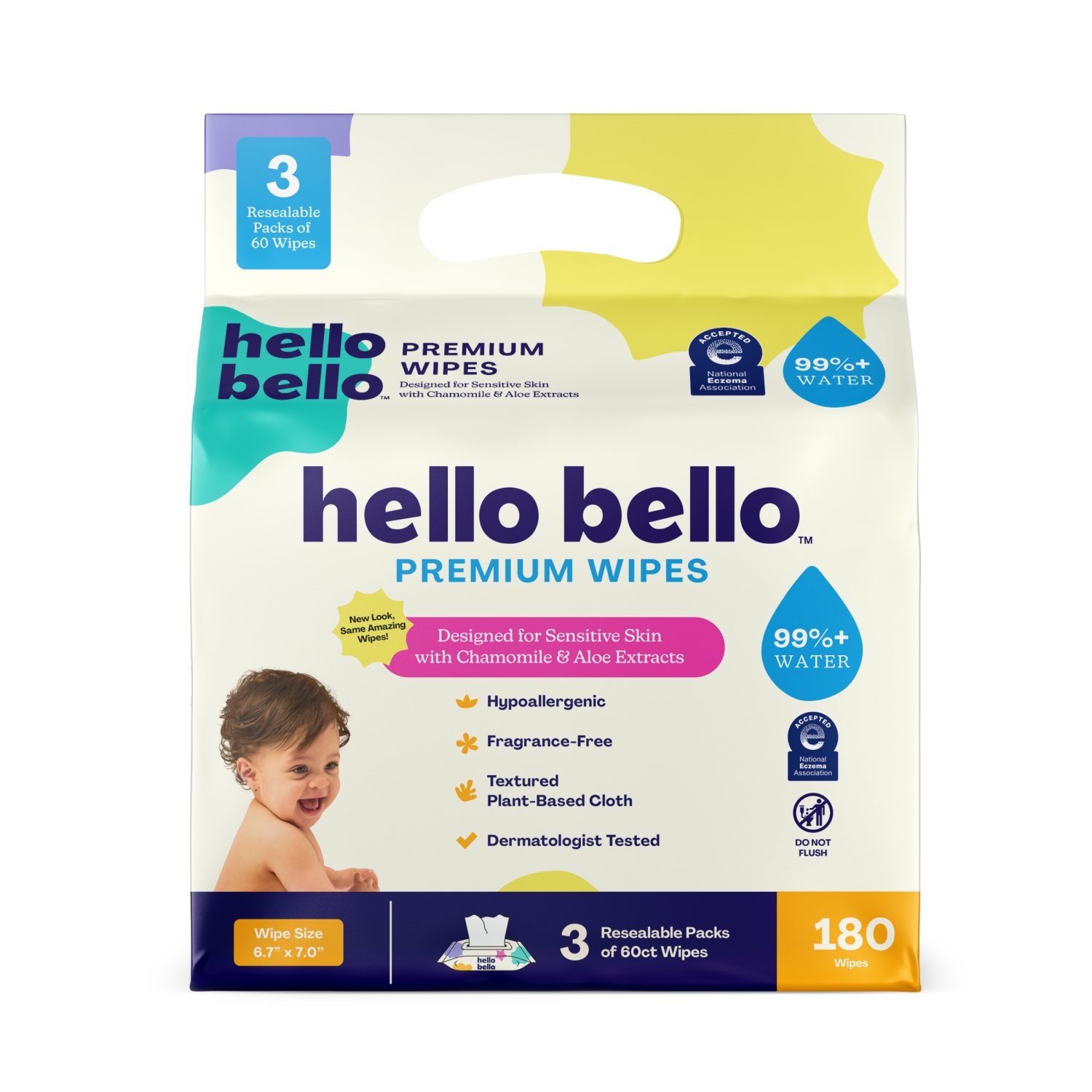 slide 1 of 8, Hello Bello Premium Wipes 3 - 60 Wipe Packs, 3 ct